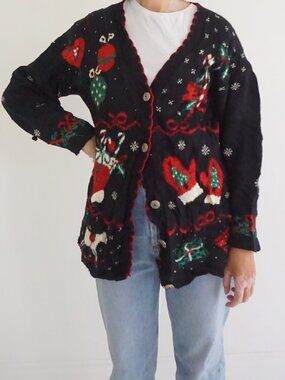 Vintage Nutcracker Black Christmas Ornaments Snowflakes Knit Cardigan M